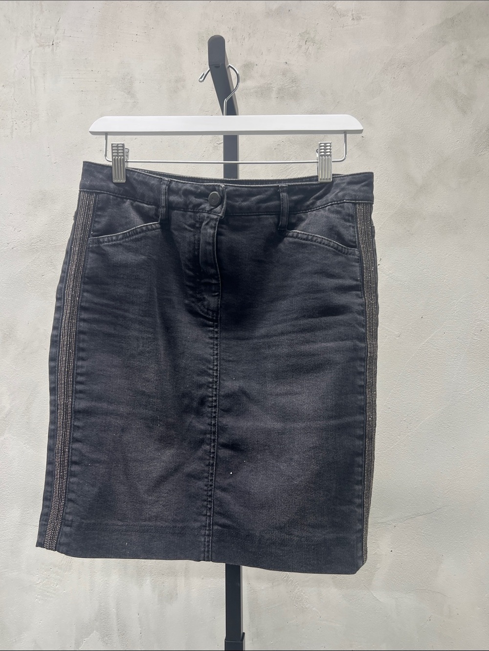 Black Denim Pencil Skirt with Side Stripe -